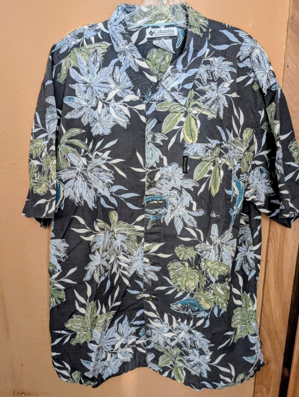 Columbia Men's Vintage Black Floral Hawaiian Short-Sleeve Button-Down Shirt